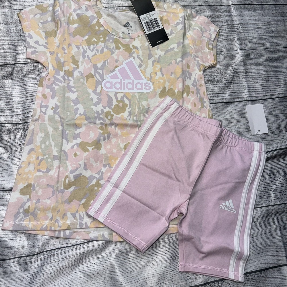 Adidas Girls Size 5 Neutral Colors Pink Bike Shorts Floral Outfit Set NEW